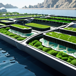 A visionary, wide-angle shot of a futuristic floating city, characterized by sleek, sustainable architecture. The city visibly integrates advanced renewable energy sources like large solar arrays and subtle wave energy converters, gleaming under a clear sky. The overall impression should evoke innovation, robust public-private partnerships, and green financing, with a sense of immense potential.