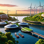 **

A futuristic floating city at sunset, showcasing modular platforms, wind turbines, and solar panels. Lush greenery adorns some structures, with research vessels docked nearby. The overall aesthetic is clean, modern, and sustainable. Emphasize the integration of nature and technology.

**