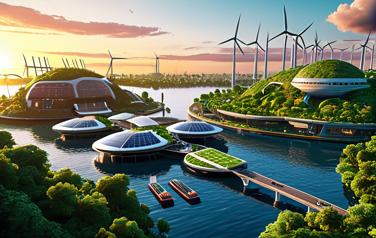 **

A futuristic floating city at sunset, showcasing modular platforms, wind turbines, and solar panels. Lush greenery adorns some structures, with research vessels docked nearby. The overall aesthetic is clean, modern, and sustainable. Emphasize the integration of nature and technology.

**