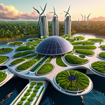 **A futuristic, sustainable floating city at sunset.** The city is built on a network of interconnected platforms, featuring sleek, modern architecture made from self-healing concrete and carbon fiber composites. Solar panels and wind turbines provide clean energy. Lush greenery and vertical gardens are integrated into the city's design. In the background, smaller islands host research facilities and universities. The overall mood is optimistic and innovative, showcasing a harmonious blend of technology and nature.