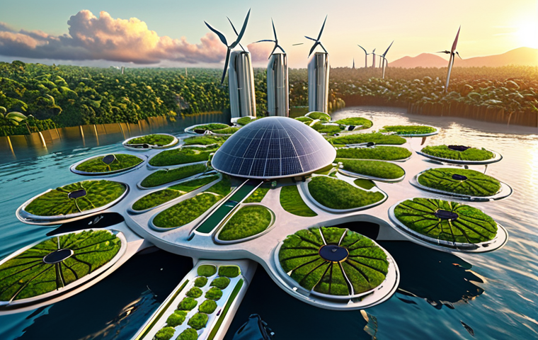 **A futuristic, sustainable floating city at sunset.** The city is built on a network of interconnected platforms, featuring sleek, modern architecture made from self-healing concrete and carbon fiber composites. Solar panels and wind turbines provide clean energy. Lush greenery and vertical gardens are integrated into the city's design. In the background, smaller islands host research facilities and universities. The overall mood is optimistic and innovative, showcasing a harmonious blend of technology and nature.