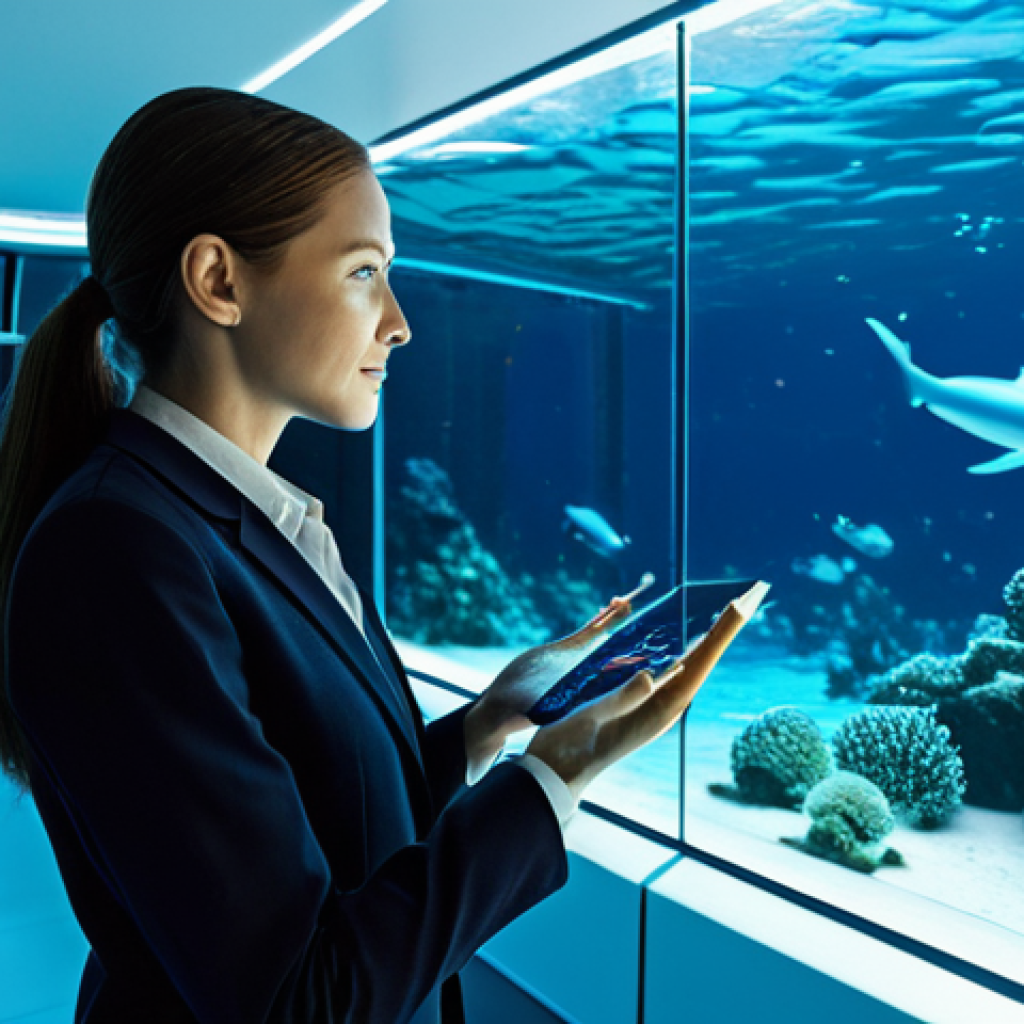 A professional female architect in a modest business suit, fully clothed, standing confidently within a modern, brightly illuminated interior of an advanced underwater city habitat. The sleek, futuristic walls are made of self-healing polymer, and a large, crystal-clear transparent window offers a breathtaking panoramic view of the vibrant, deep-sea marine life and the distant, innovative underwater structures. She is interacting with a sophisticated holographic control panel, displaying real-time data for resource management and structural integrity. The scene emphasizes cutting-edge technology and serene living. Perfect anatomy, correct proportions, natural pose, well-formed hands, proper finger count, natural body proportions. Professional photography, high quality, safe for work, appropriate content, modest clothing, family-friendly.