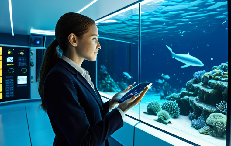 A professional female architect in a modest business suit, fully clothed, standing confidently within a modern, brightly illuminated interior of an advanced underwater city habitat. The sleek, futuristic walls are made of self-healing polymer, and a large, crystal-clear transparent window offers a breathtaking panoramic view of the vibrant, deep-sea marine life and the distant, innovative underwater structures. She is interacting with a sophisticated holographic control panel, displaying real-time data for resource management and structural integrity. The scene emphasizes cutting-edge technology and serene living. Perfect anatomy, correct proportions, natural pose, well-formed hands, proper finger count, natural body proportions. Professional photography, high quality, safe for work, appropriate content, modest clothing, family-friendly.