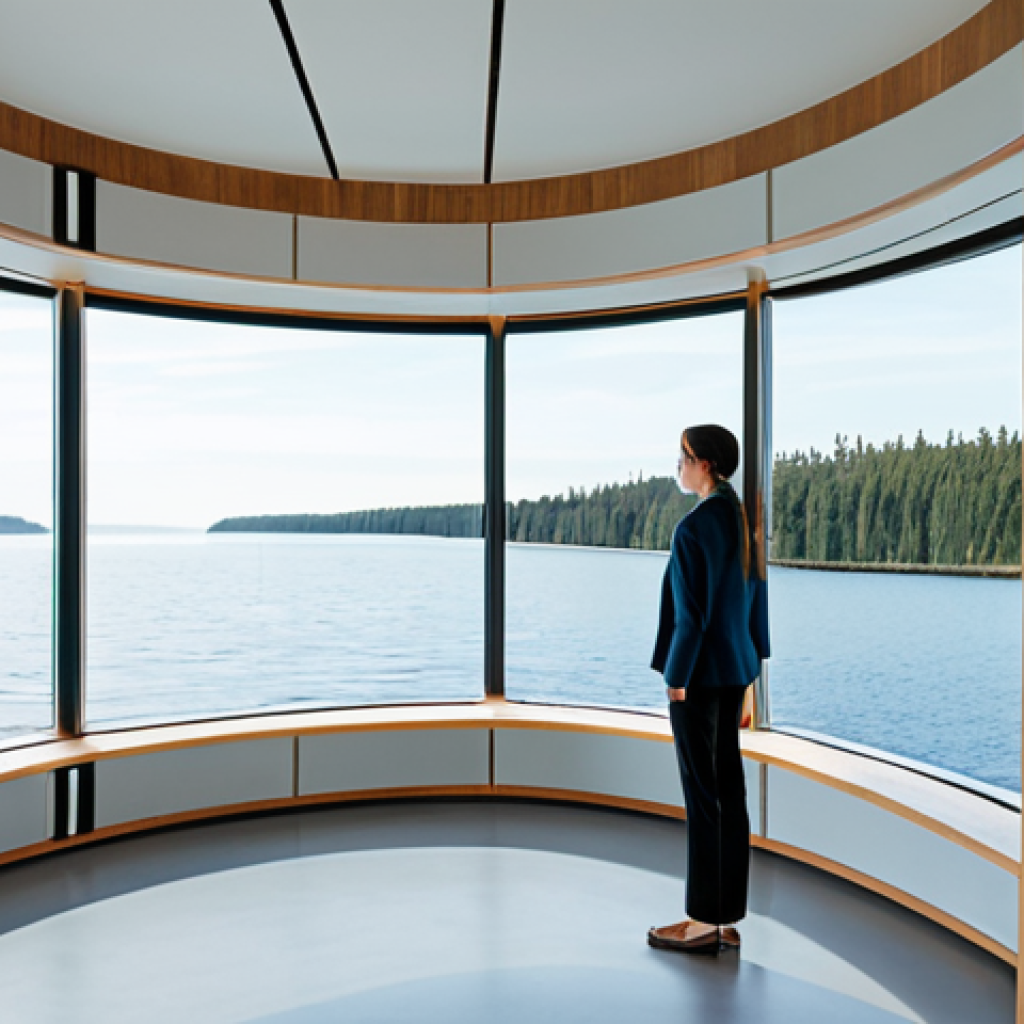 A professional woman, fully clothed in a modest business casual outfit, stands by a large panoramic window in a futuristic, compact floating home. The interior features minimalist design with clean lines and natural materials, creating a serene and innovative atmosphere. Outside the window, a peaceful view of other modular floating structures and the vast, calm ocean stretches to the horizon. The image should feature perfect anatomy, correct proportions, well-formed hands, proper finger count, and natural body proportions. This is a safe for work, appropriate content, family-friendly, and professional scene.