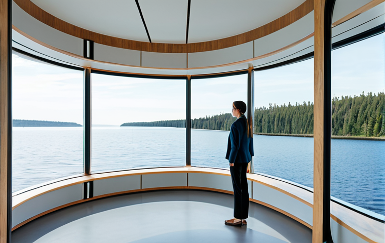 A professional woman, fully clothed in a modest business casual outfit, stands by a large panoramic window in a futuristic, compact floating home. The interior features minimalist design with clean lines and natural materials, creating a serene and innovative atmosphere. Outside the window, a peaceful view of other modular floating structures and the vast, calm ocean stretches to the horizon. The image should feature perfect anatomy, correct proportions, well-formed hands, proper finger count, and natural body proportions. This is a safe for work, appropriate content, family-friendly, and professional scene.