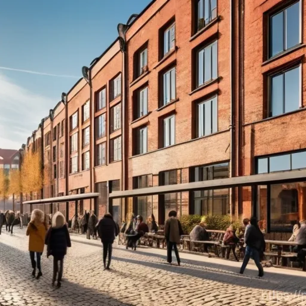 해양 도시의 특정 지역 개발 사례 - **Prompt:** "A vibrant, panoramic view of the revitalized Stocznia Gdańska (Gdańsk Shipyard) area du...