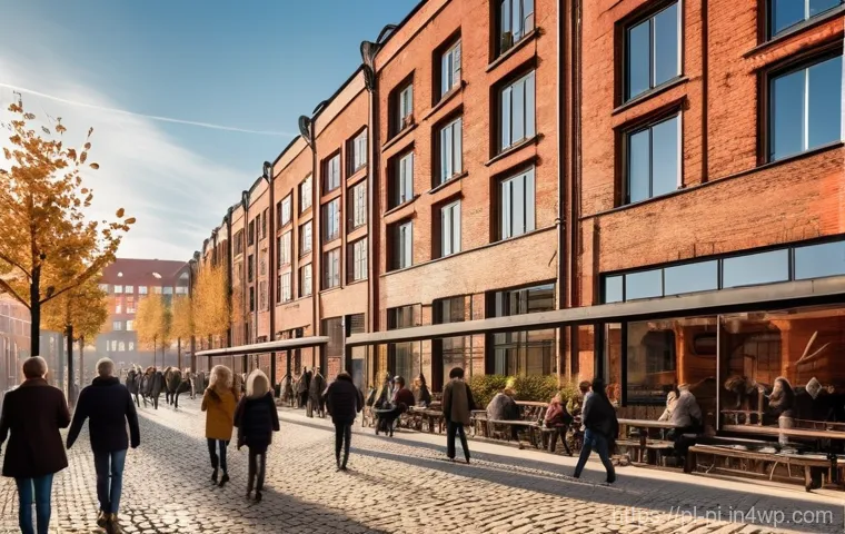 해양 도시의 특정 지역 개발 사례 - **Prompt:** "A vibrant, panoramic view of the revitalized Stocznia Gdańska (Gdańsk Shipyard) area du...