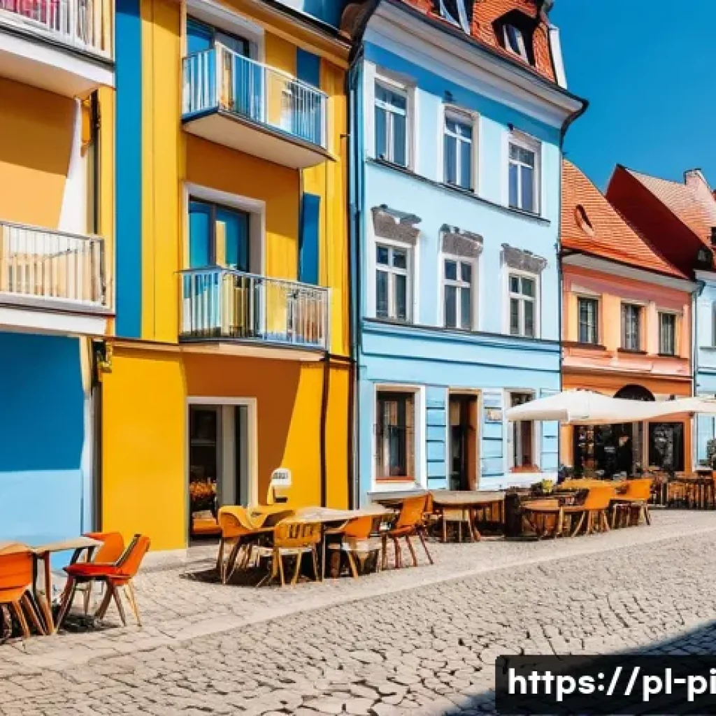 해양 도시의 임대 주택 정책 - A detailed coastal town scene during summer in Poland, showing a vibrant mix of short-term rental ap...