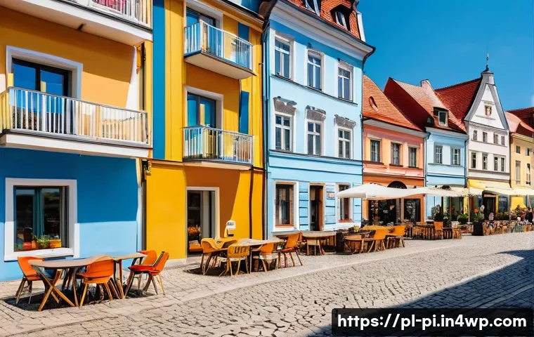 해양 도시의 임대 주택 정책 - A detailed coastal town scene during summer in Poland, showing a vibrant mix of short-term rental ap...