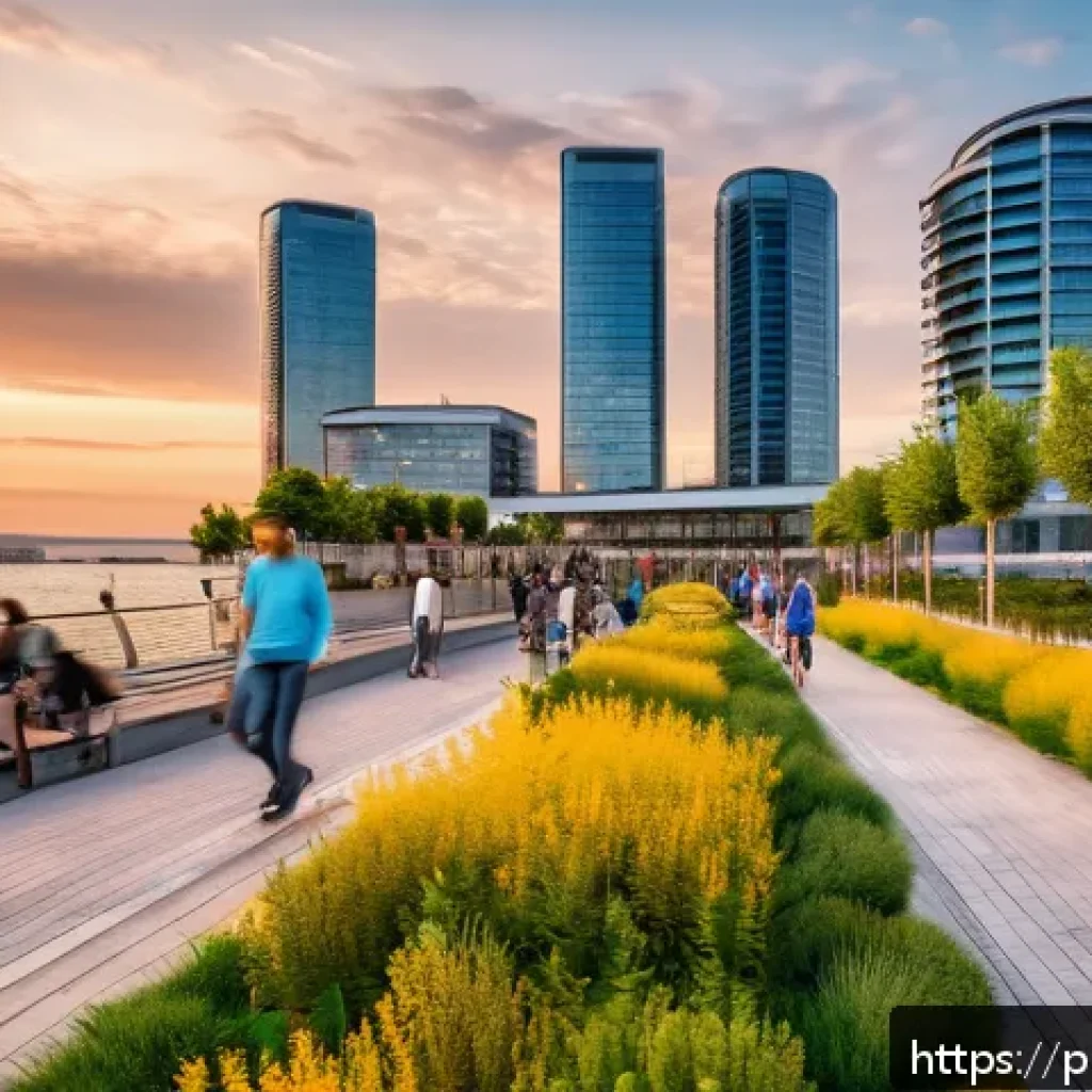 해양 도시와 스마트 시티의 차이점 - A vibrant coastal smart city park at sunset, featuring modern waterfront promenades with integrated ...