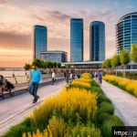 Home 22 해양 도시와 스마트 시티의 차이점 - A vibrant coastal smart city park at sunset, featuring modern waterfront promenades with integrated ...