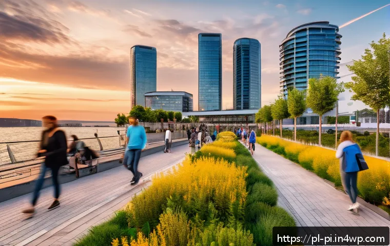 해양 도시와 스마트 시티의 차이점 - A vibrant coastal smart city park at sunset, featuring modern waterfront promenades with integrated ...
