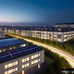 Home 21 해양 도시에서의 에너지 효율성 - A modern coastal cityscape at dusk featuring smart energy management systems in residential building...