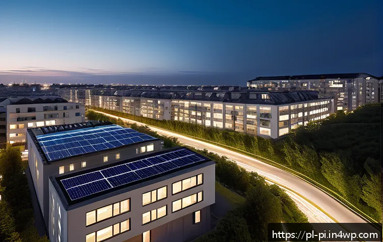 해양 도시에서의 에너지 효율성 - A modern coastal cityscape at dusk featuring smart energy management systems in residential building...