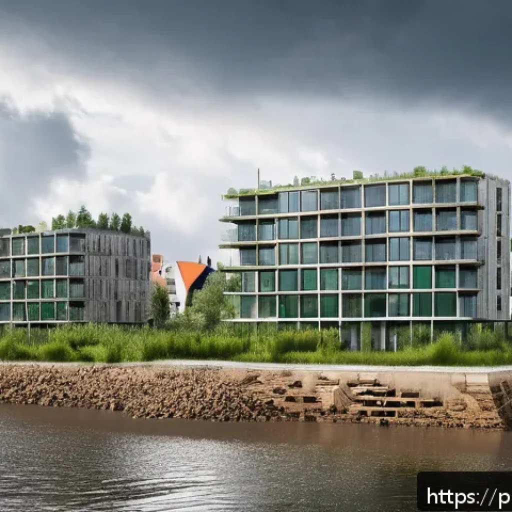 해양 도시 건설의 안전 기준 및 규정 - A detailed coastal flood protection scene in the Gulf of Gdańsk region featuring raised concrete flo...