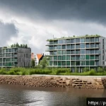 Home 19 해양 도시 건설의 안전 기준 및 규정 - A detailed coastal flood protection scene in the Gulf of Gdańsk region featuring raised concrete flo...