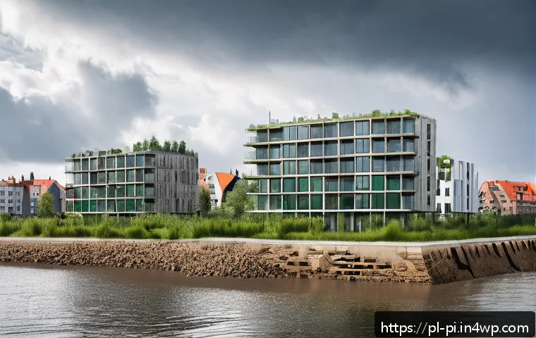 해양 도시 건설의 안전 기준 및 규정 - A detailed coastal flood protection scene in the Gulf of Gdańsk region featuring raised concrete flo...