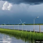 Home 18 해양 도시 건설의 기후 적응 전략 - A modern coastal city in Poland featuring advanced flood risk management technology: realistic scene...