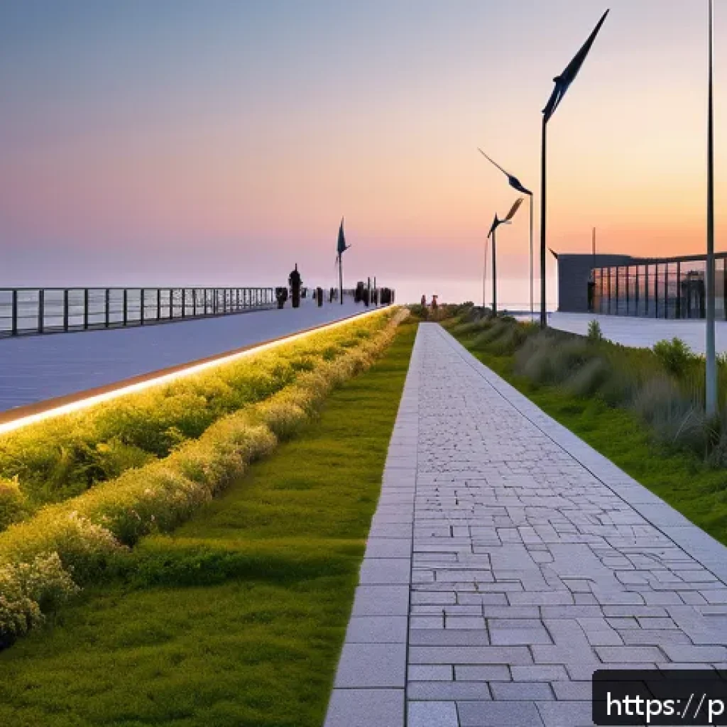해양 도시 건설을 위한 최신 기술 - A modern coastal city promenade at sunset featuring eco-friendly architectural elements: buildings w...