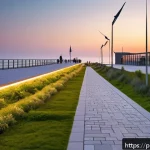 Home 23 해양 도시 건설을 위한 최신 기술 - A modern coastal city promenade at sunset featuring eco-friendly architectural elements: buildings w...