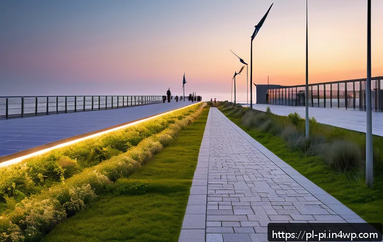 해양 도시 건설을 위한 최신 기술 - A modern coastal city promenade at sunset featuring eco-friendly architectural elements: buildings w...