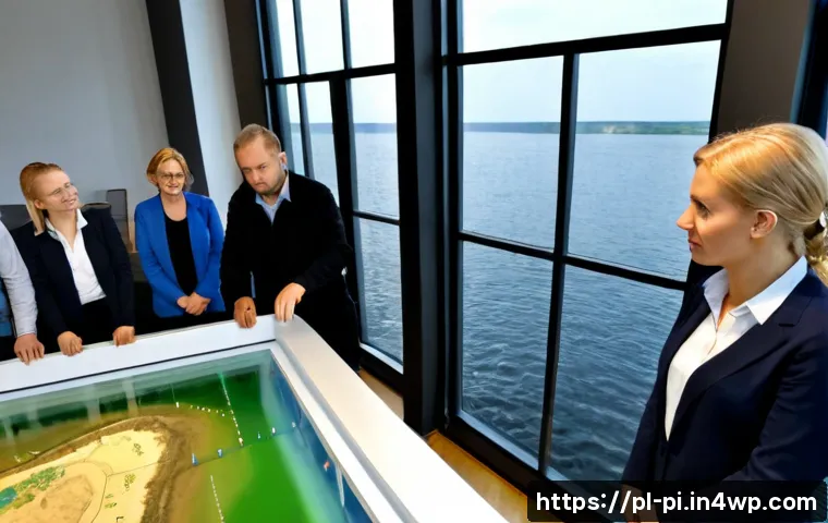Home 17 해양 도시 건설의 정책적 대안 - Photorealistic policy planning meeting in a modern Baltic coastal municipal office in northern Polan...